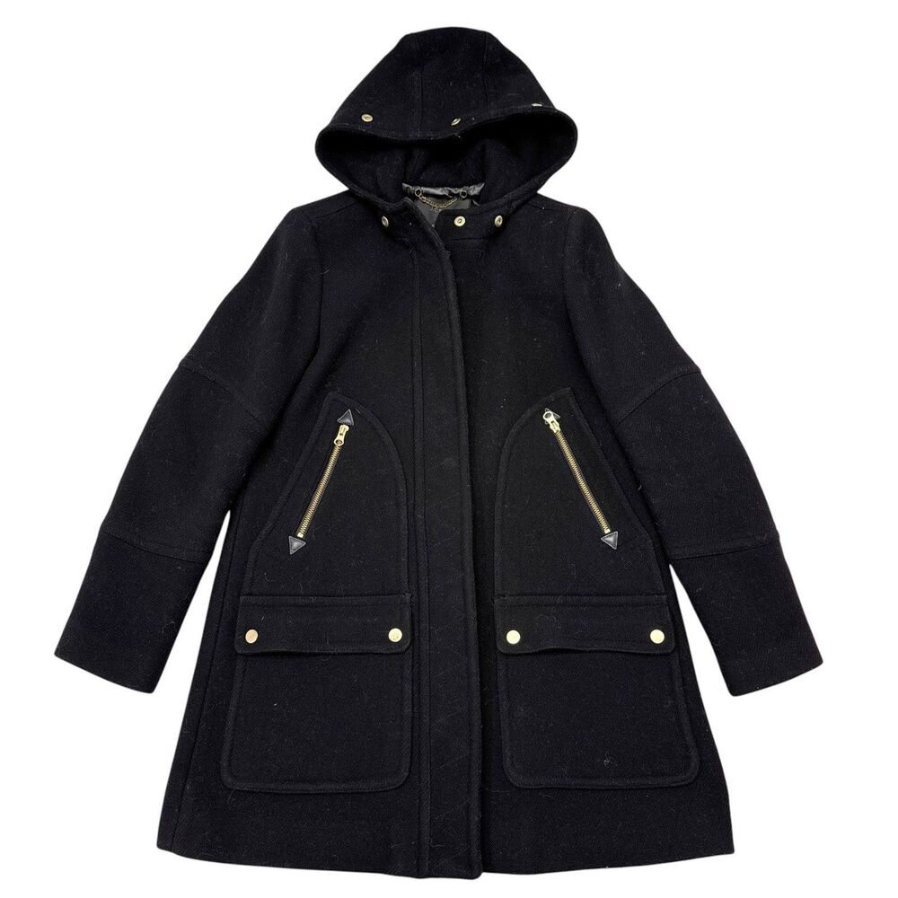 J.‎ Crew Chateau Parka Italian Wool Stadium Cloth Coat Size 2 Black NO FUR HOOD